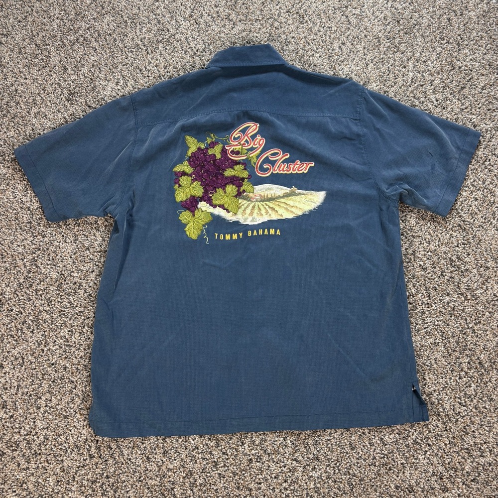 Tommy Bahama Men's M Big Cluster Vineyard Grape Embroidered Shirt Silk Blue